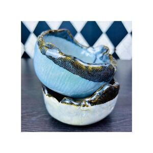 Stoneware Studio Pottery Bowls Organic Textured Rim Handcrafted Wabi-Sabi Glaze